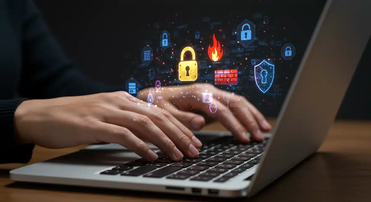 Person actively securing online data with cybersecurity tools