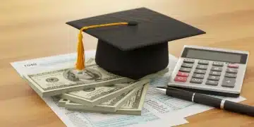 Graduation cap on dollar bills and tax forms, symbolizing education tax savings.