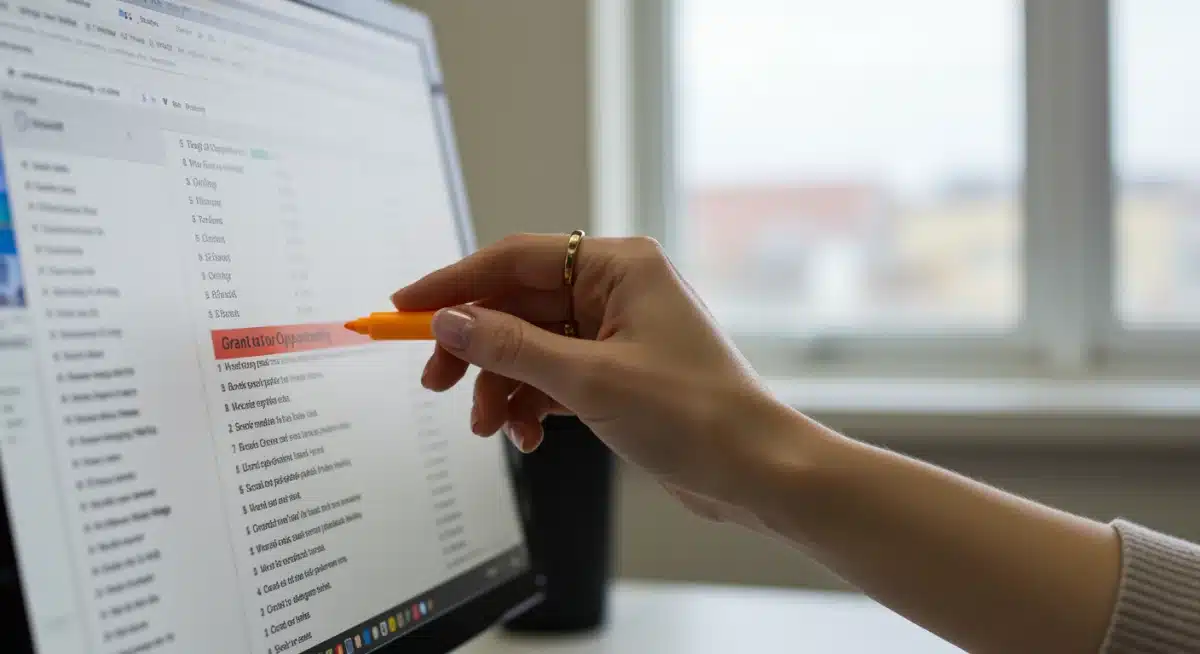 Hand pointing to a grant listing on a laptop screen, emphasizing research.