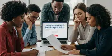 Unemployment Benefits 2025: Your 26-Week Guide People discussing unemployment benefit application forms in an office setting