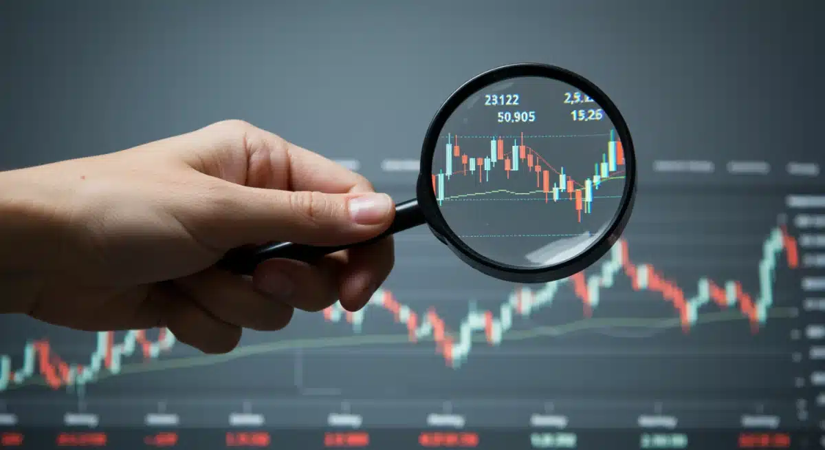Magnifying glass examining stock market data and economic trends