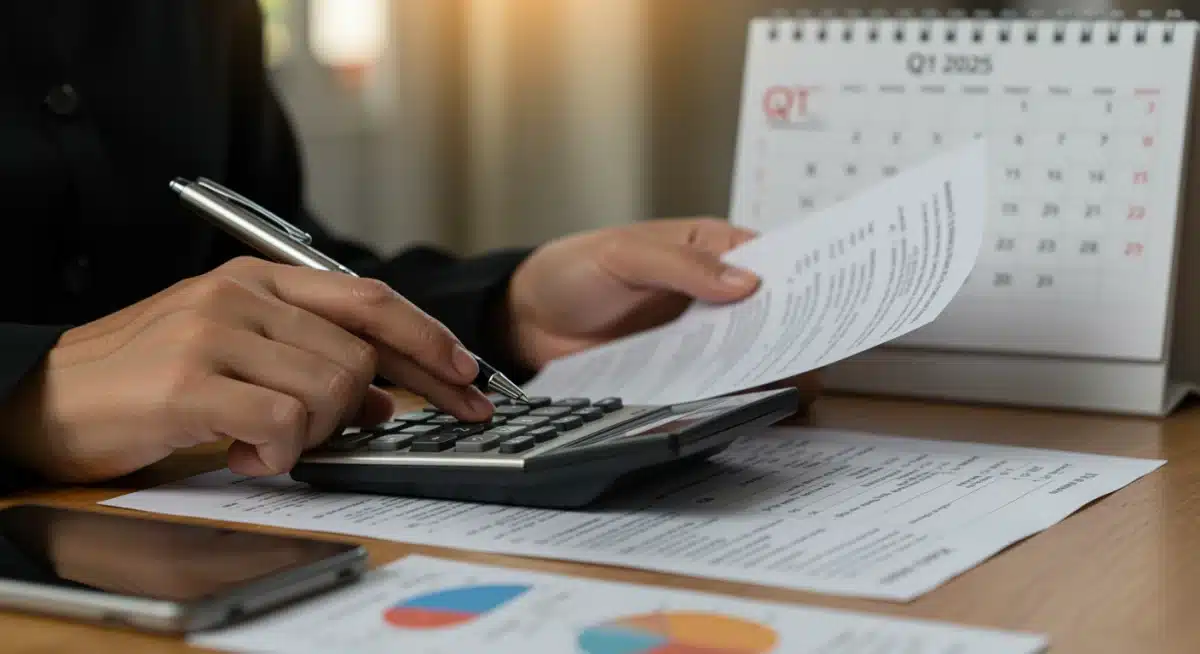 Person calculating mortgage payments with Q1 2025 calendar in background.