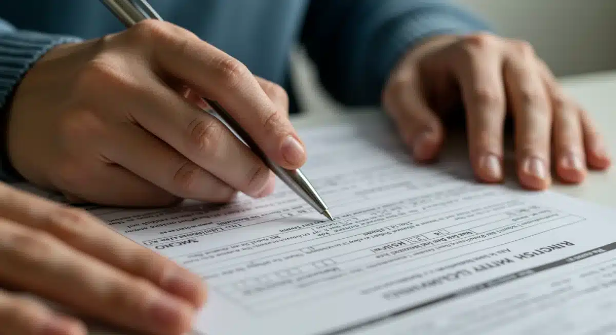 Hands meticulously filling out a disability benefit application form