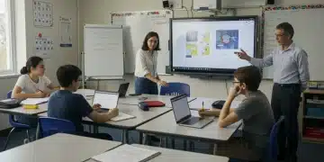 Navigate New Education Policies: K-12 Updates for 2025 Students and teachers using digital learning tools in a modern K-12 classroom, reflecting new education policies.