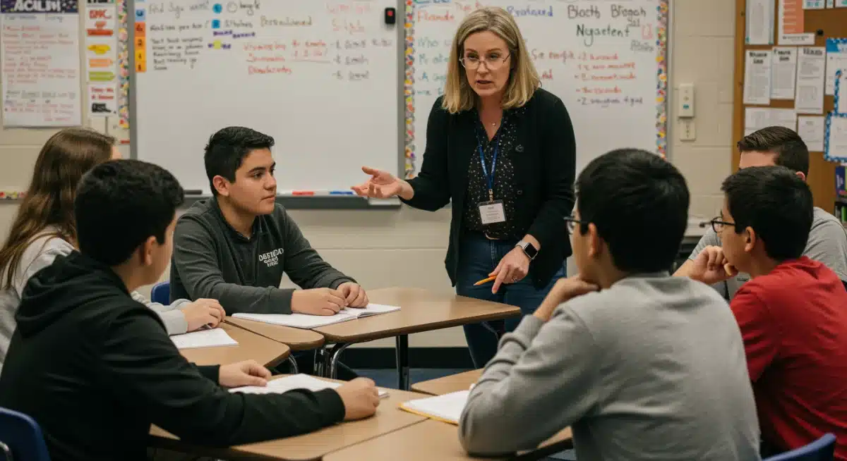 Teacher guiding small group of K-12 students in a discussion.