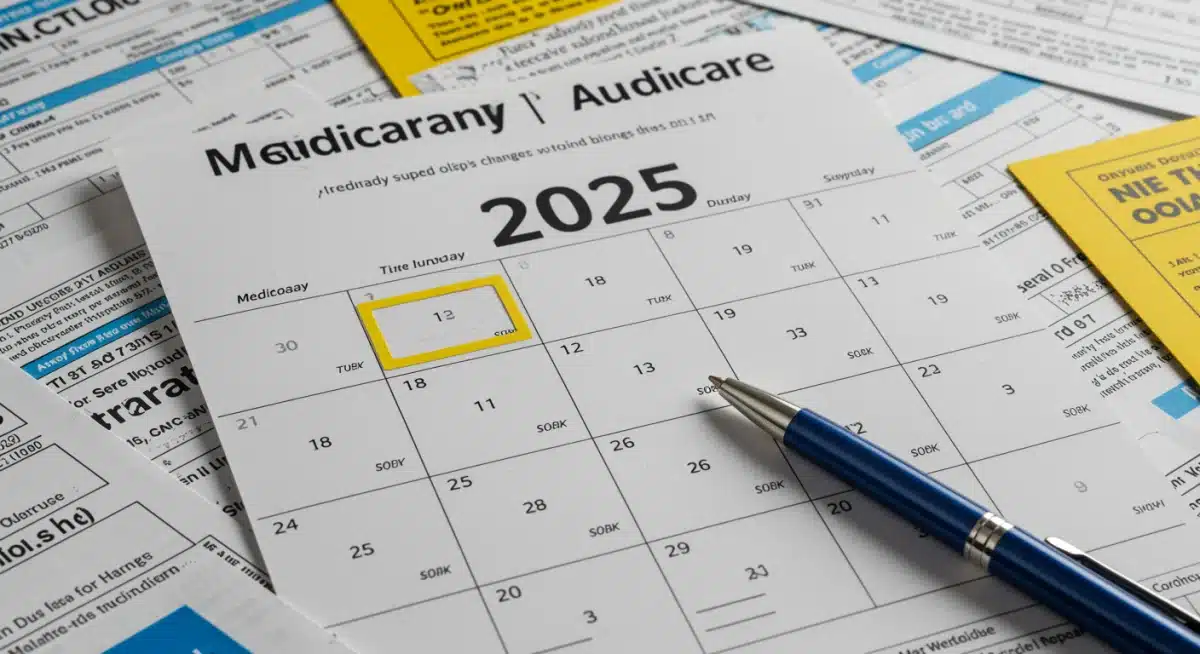 Calendar highlighting 2025, surrounded by Medicare forms for policy planning