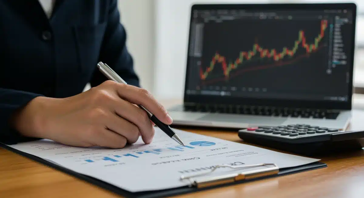 Hand reviewing financial documents with calculator and investment charts, symbolizing strategic 401(k) planning.