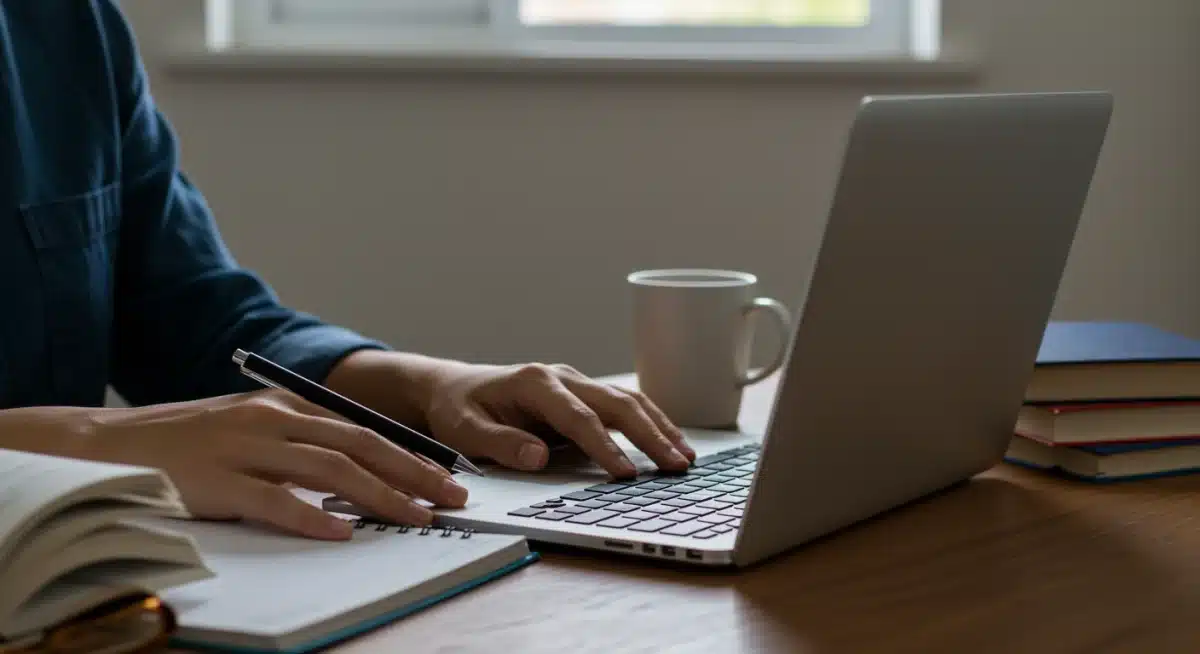 Person studying for certifications on a laptop in a home office.
