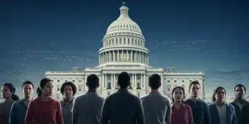Diverse individuals facing US Capitol, representing 2025 immigration policy changes.