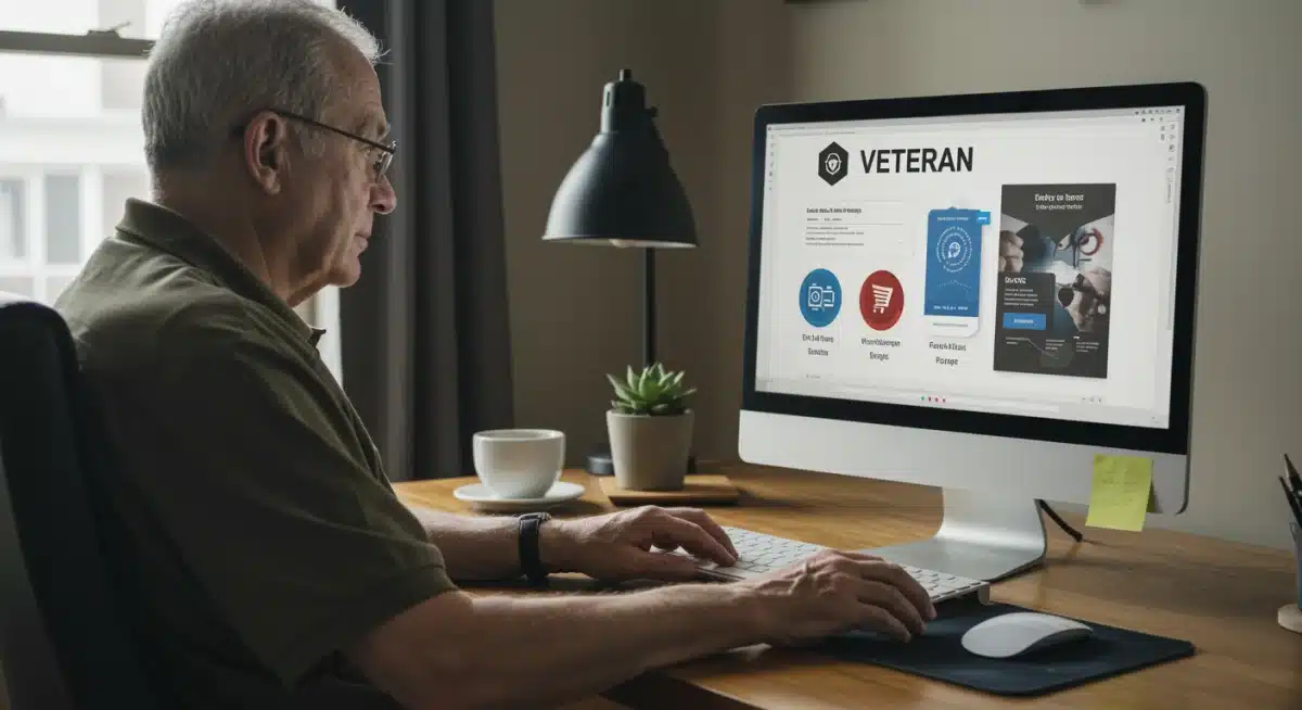 Veteran using computer, accessing online benefits portal, home office setting, ease of access.