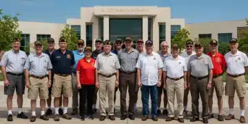 Veterans' Benefits 2025: Access New Resources & Programs Diverse veterans smiling, modern government building background, symbolizing support and access to benefits.