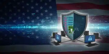 Federal Cybersecurity Mandates: U.S. Businesses Impacted Digital shield protecting networked computers, symbolizing federal cybersecurity mandates for U.S. businesses.