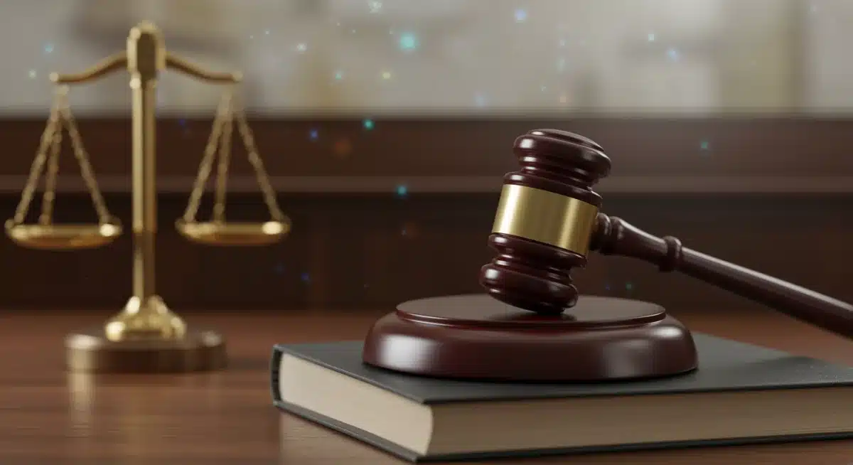 Gavel on law book with digital patterns, representing legal implications of digital privacy