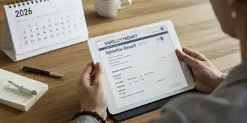 Thoughtful person navigating 2026 unemployment application on tablet