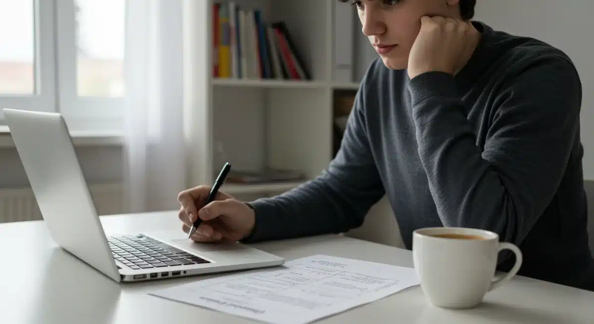 Student revising college application essay attentively.
