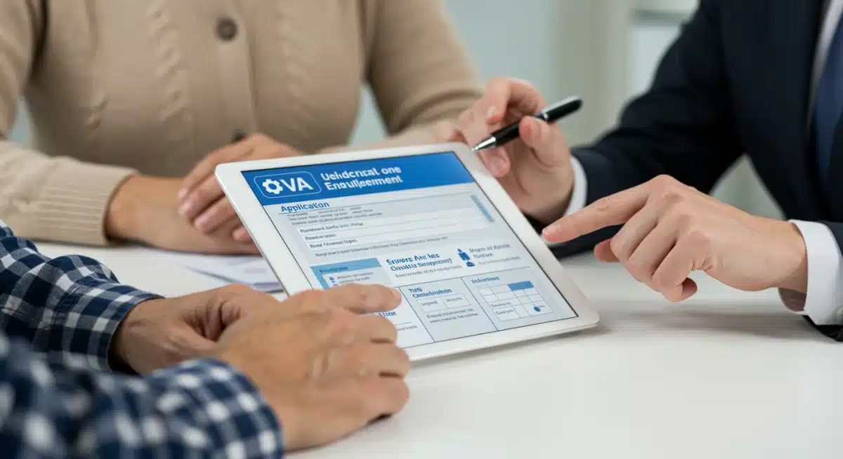 Veteran and VA counselor reviewing digital healthcare application form.