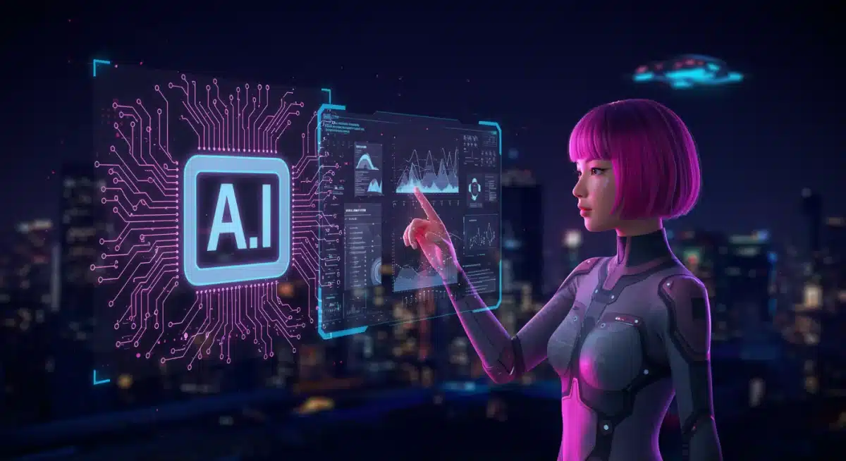 Advanced technology illustration with AI symbol and holographic interface