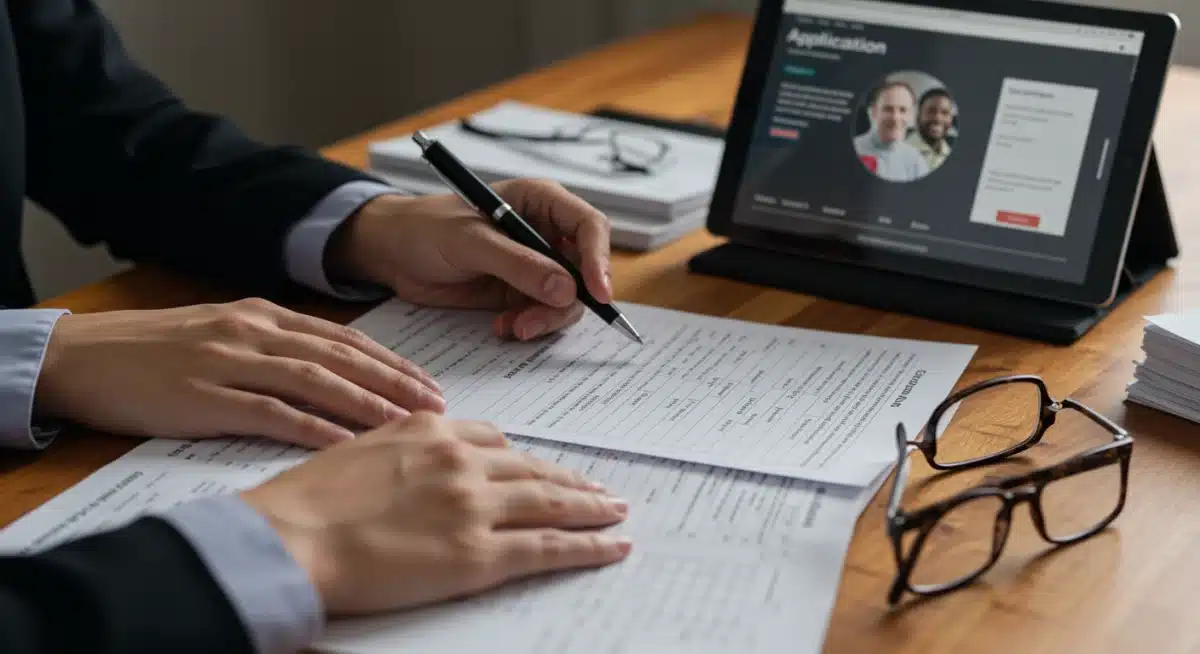 Person meticulously completing disability benefit application forms.