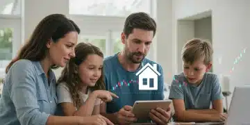 Family reviewing mortgage rates on tablet for future home purchase