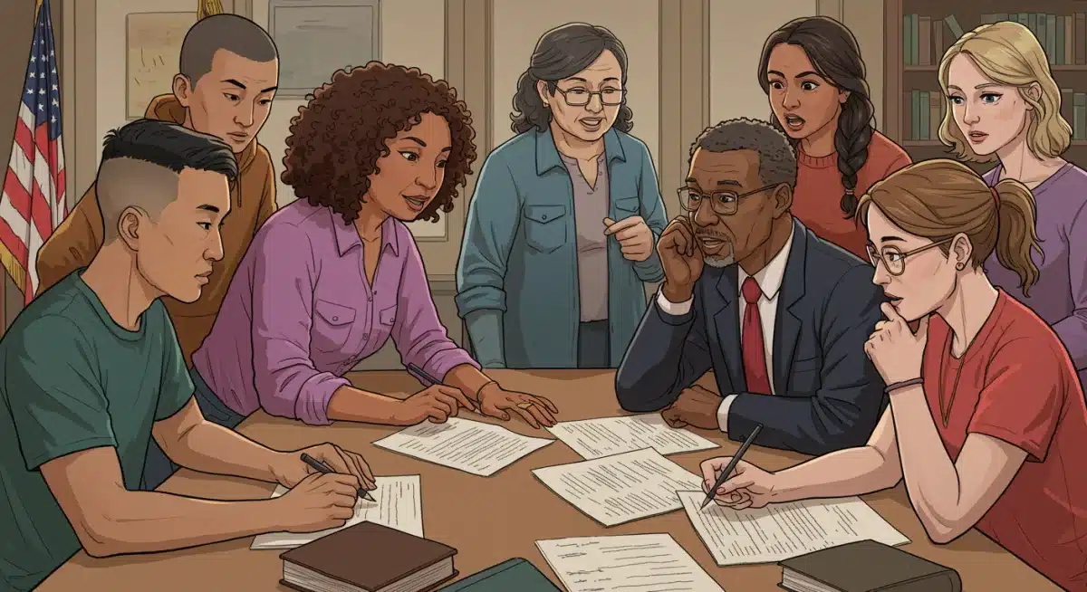 Diverse individuals engaging in discussion about legal interpretations and public policy.