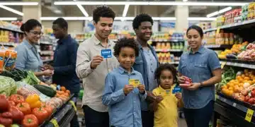 SNAP Benefits 2026: Eligibility, Payouts & Food Assistance Data Families and individuals using SNAP EBT cards at a grocery store, representing food assistance programs.
