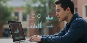 Student analyzing federal student loan interest rate forecasts on a laptop