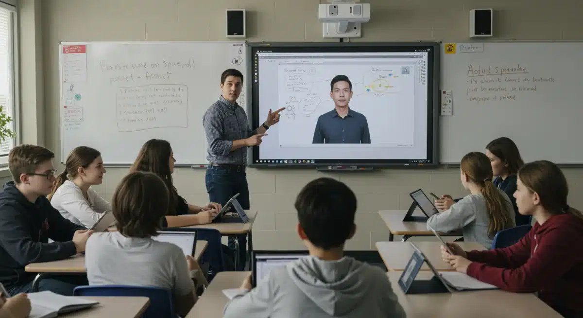 Teacher demonstrating AI educational software to students