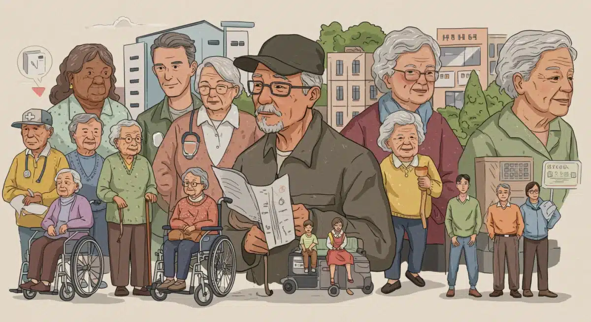 Older adults and younger generations interacting, symbolizing demographic shifts and healthcare needs