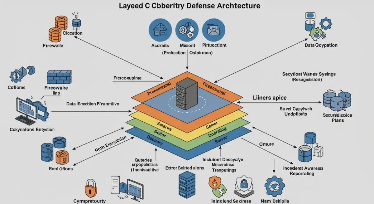 Layered cybersecurity defense architecture diagram with various security measures