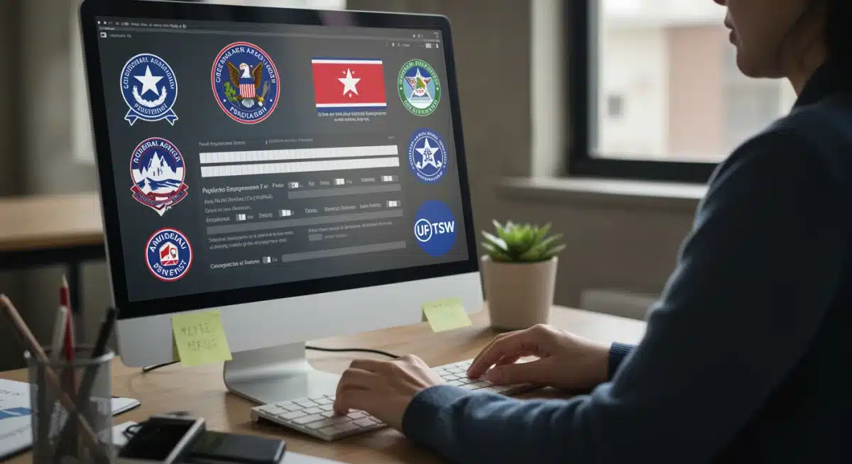 Person applying for federal benefits online with government logos