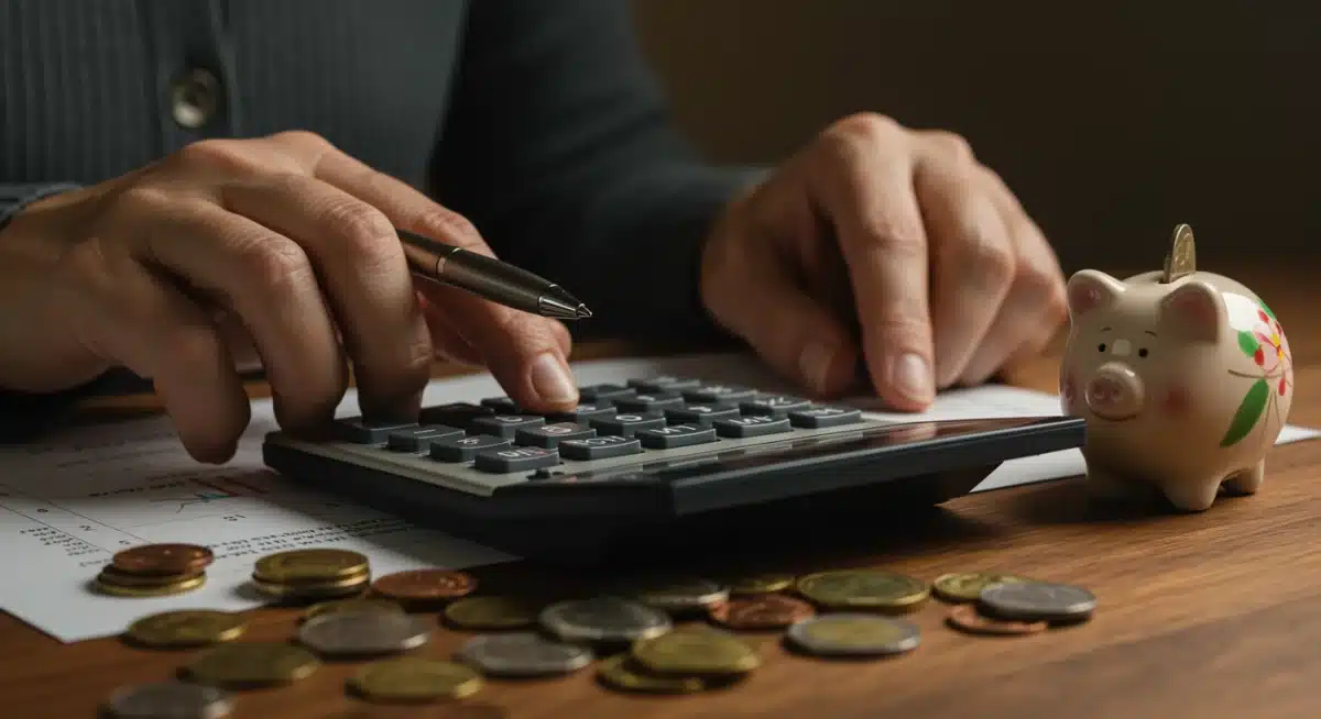Hands using calculator to plan retirement savings