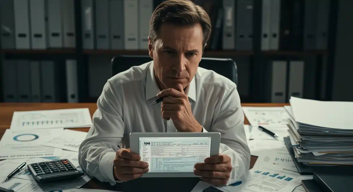 Individual analyzing tax documents and financial statements for future planning