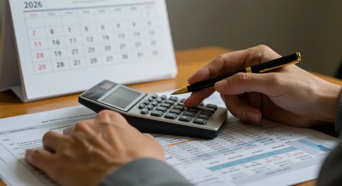 Person calculating Social Security benefits for 2026, focusing on financial planning documents.