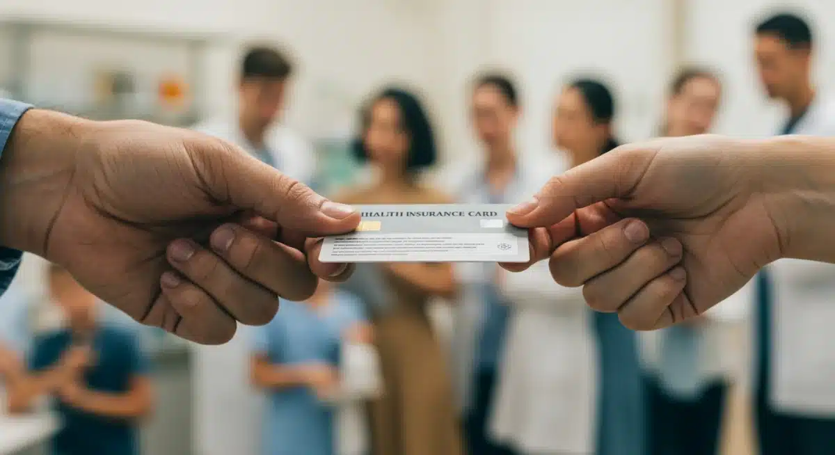 Expanded healthcare access through new policies, showing an insurance card exchange.