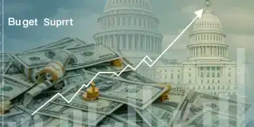 Federal Budget Surplus: Impact of Fiscal Policies on US Economy Illustration of a federal budget surplus with US currency and economic growth charts