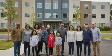 Federal Housing Assistance 2026: Your Guide to Stable Living Diverse families happily residing in a modern affordable housing complex, symbolizing federal housing assistance success in 2026.