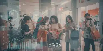 Illustration of projected US consumer spending trends for 2026 with economic charts and diverse shoppers.
