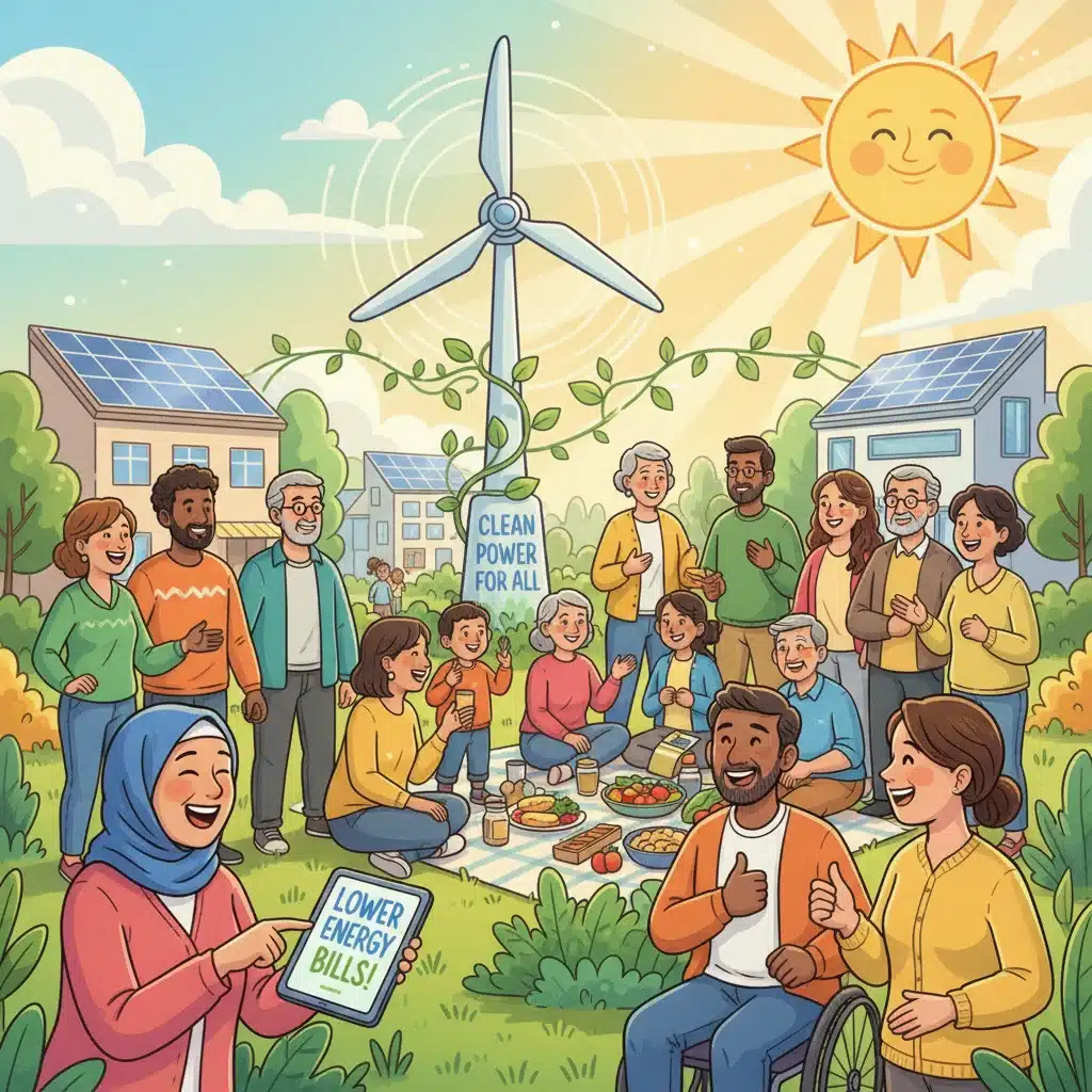 Diverse community benefiting from reduced energy costs and clean energy