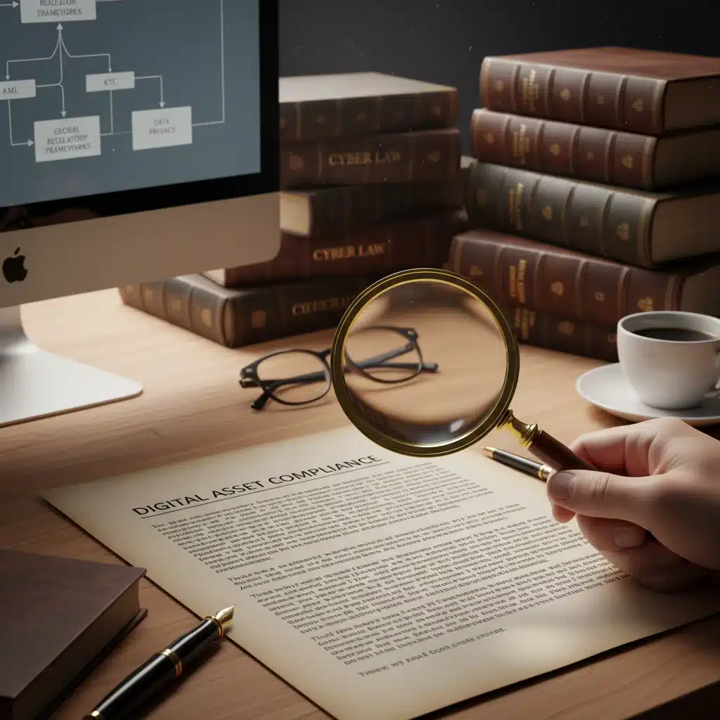 Legal documents and magnifying glass on digital asset compliance regulations
