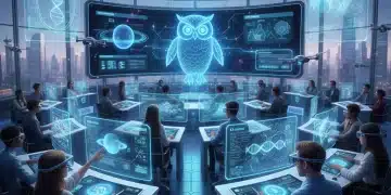Futuristic online classroom with students and advanced learning technology