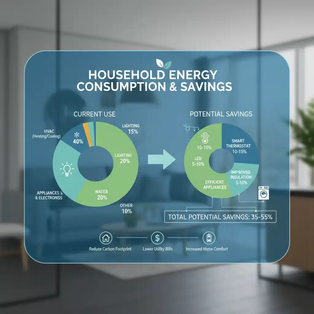 Infographic showing household energy consumption breakdown and efficiency savings