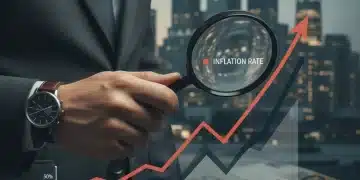 Financial chart with magnifying glass showing inflation rate.