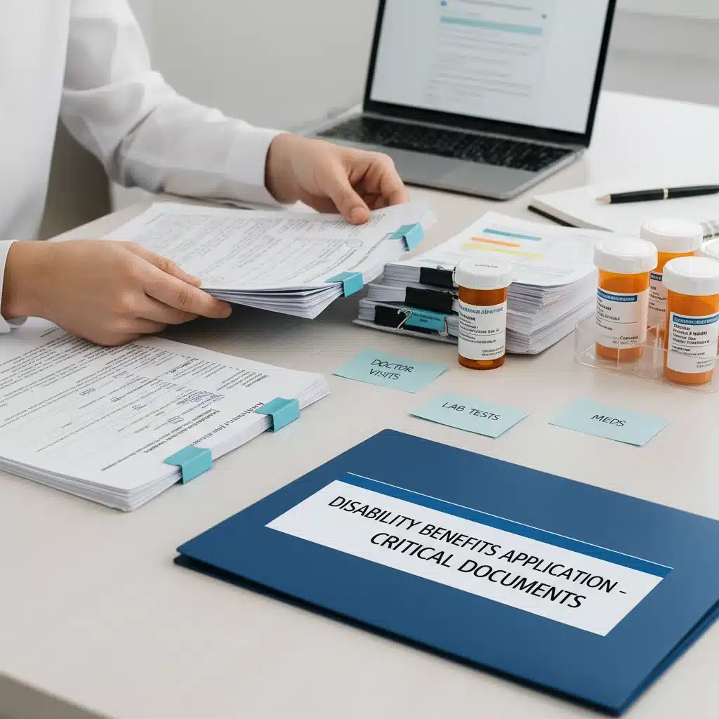 Hands organizing medical documents for disability application