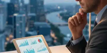 Person analyzing unemployment benefit data on a tablet with city skyline background.