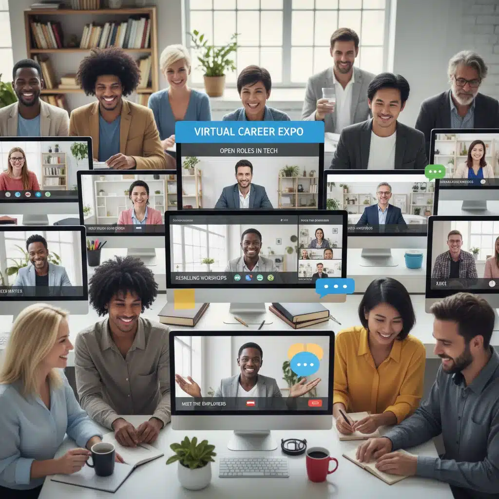 Individuals participating in a virtual job fair for career development.