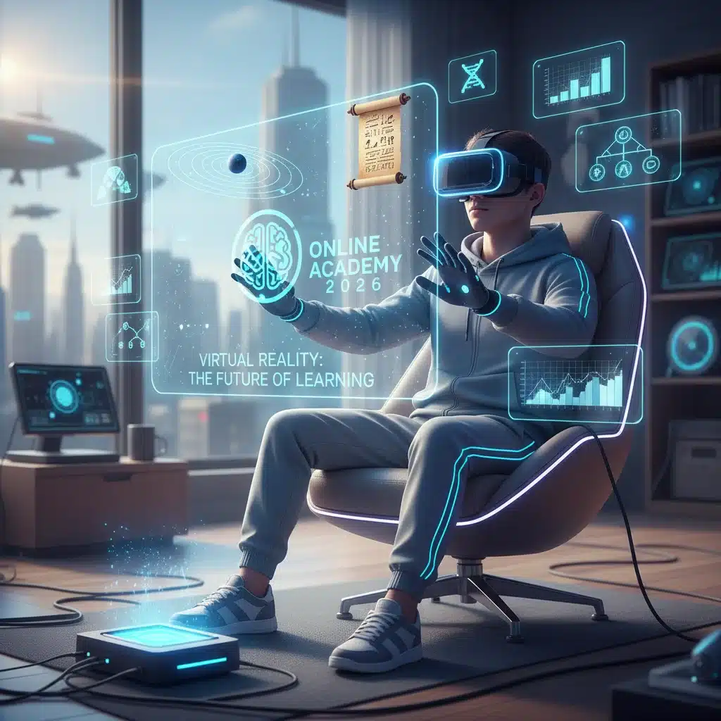 Student using VR headset for immersive online learning experience