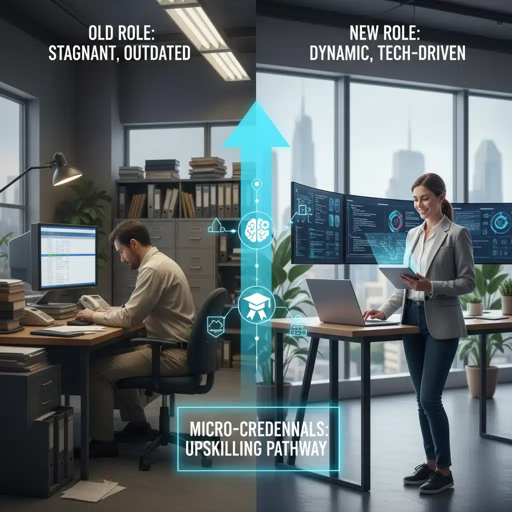 Person transitioning from an old job to a new tech role, illustrating career change via micro-credentials.