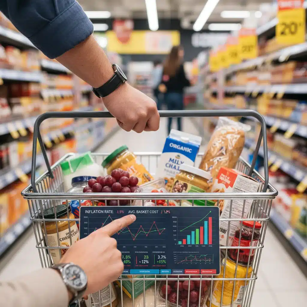 Consumer analyzing product prices in a store, reflecting the impact of trade deals on purchasing power.