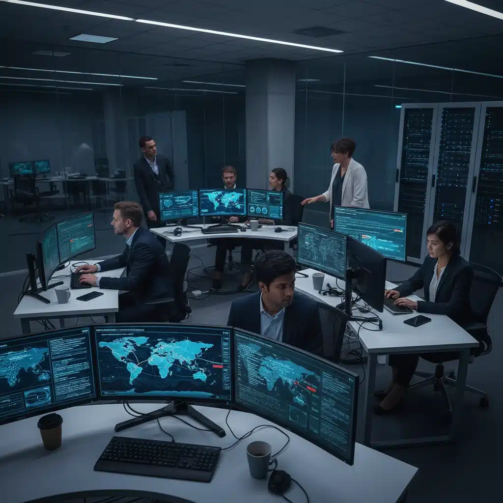 Cybersecurity team collaborating in a high-tech command center