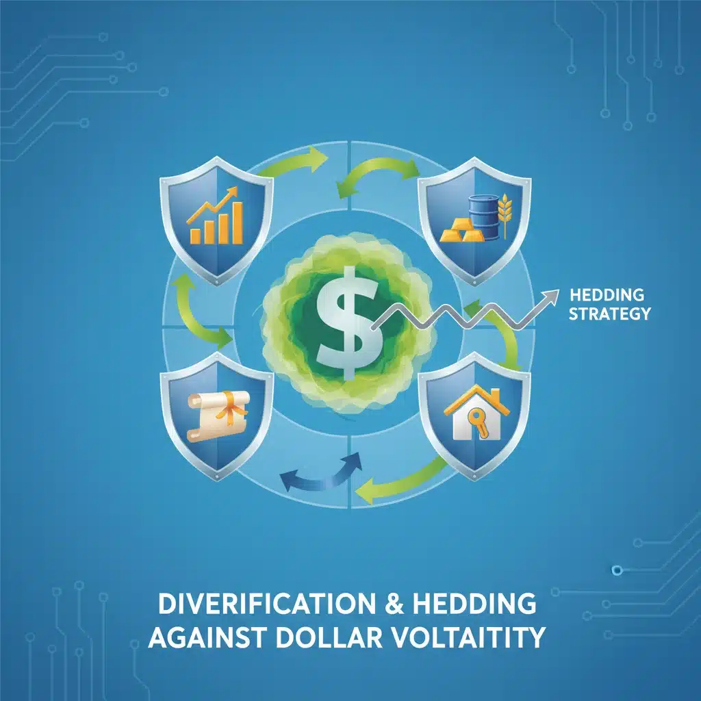 Diverse investment portfolio with protective shields and growth arrows, illustrating diversification and hedging strategies.